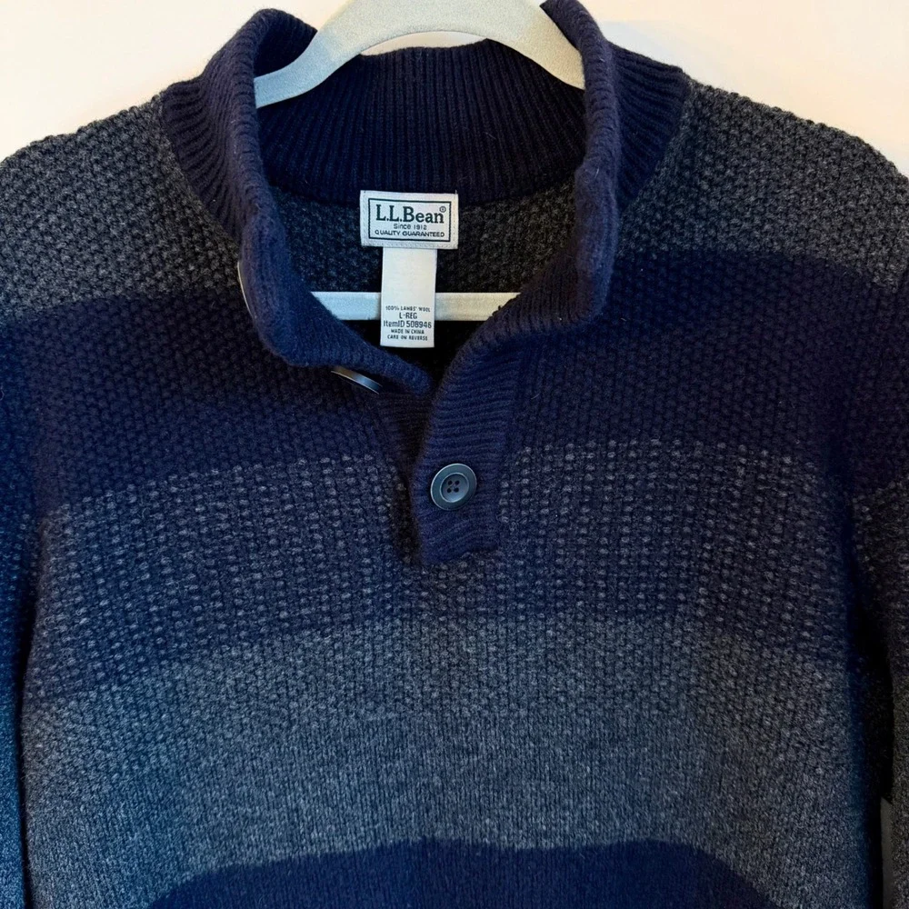 L.L. Bean 100% Lambswool Sweater Mens L Quarter Button Blue Gray Henley Pullover